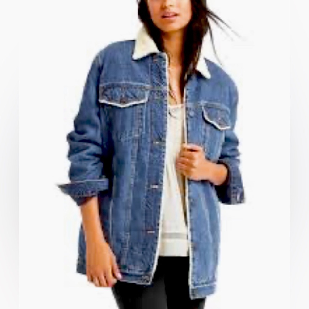 Top Shop Denim Long Coat With Faux Sherpa at collar